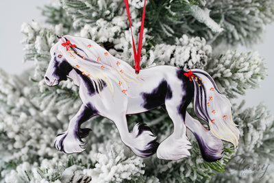 Trotting Black and White Tobiano Gypsy Vanner Horse Christmas Ornament