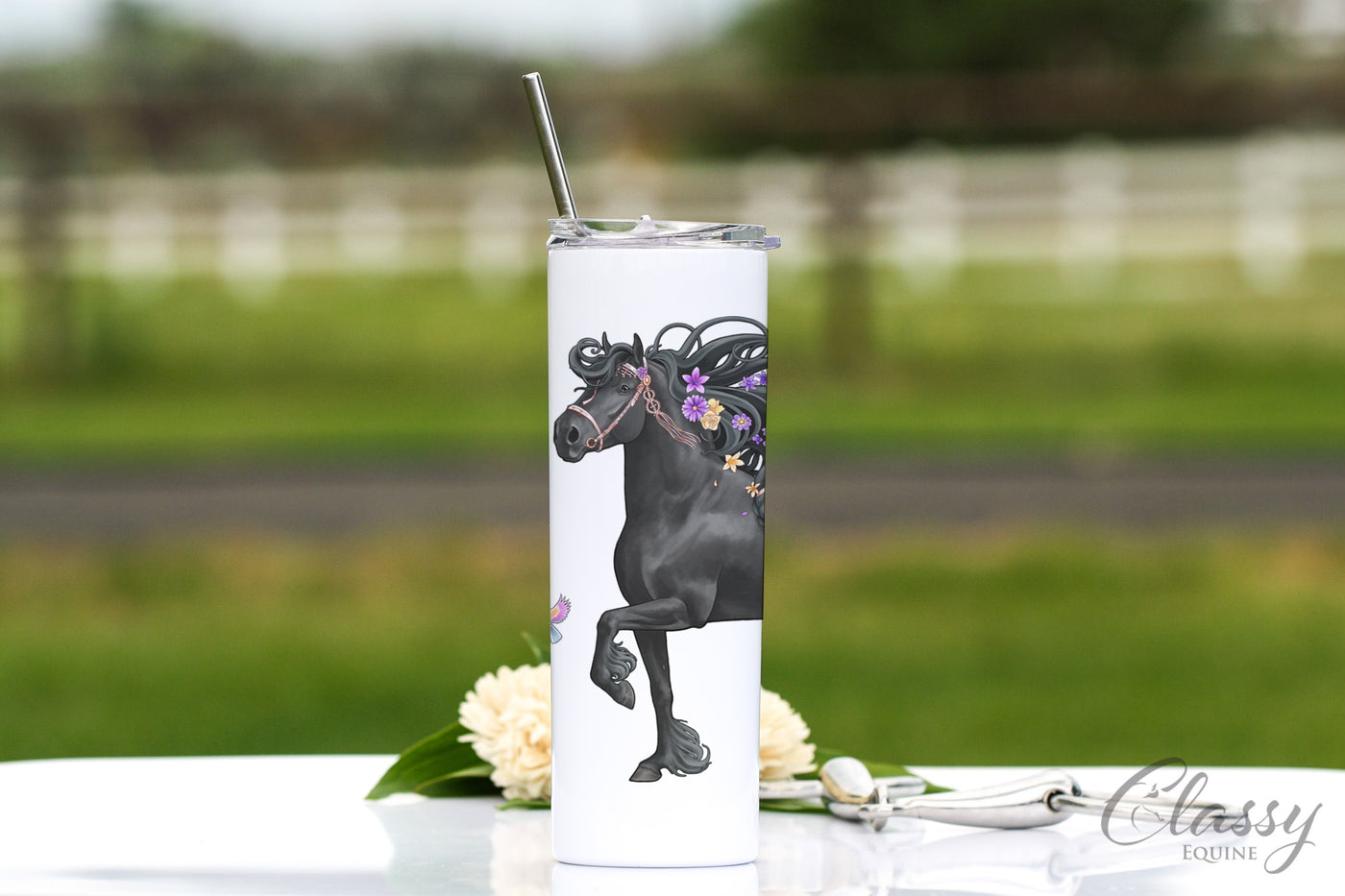 Purple Floral Trotting Friesian Horse Tumbler, 20 oz