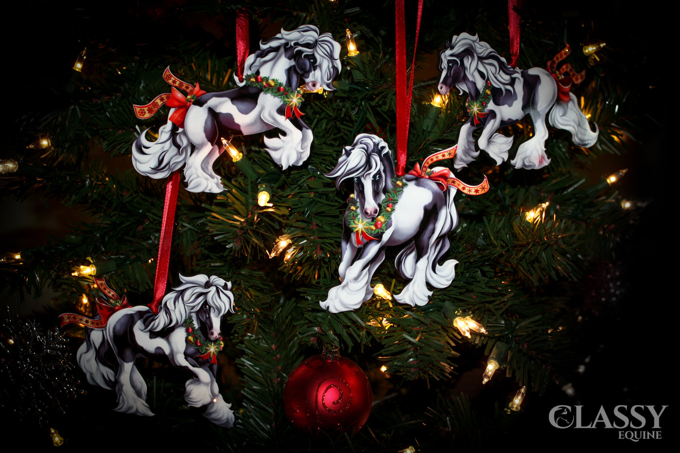 Gypsy Vanner Horse Christmas Ornaments - Full Set of Tobiano Gypsy Horses with Star