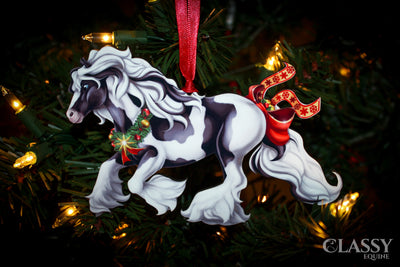 Gypsy Vanner Horse Christmas Ornament - Cantering Tobiano Gypsy Horse with Star