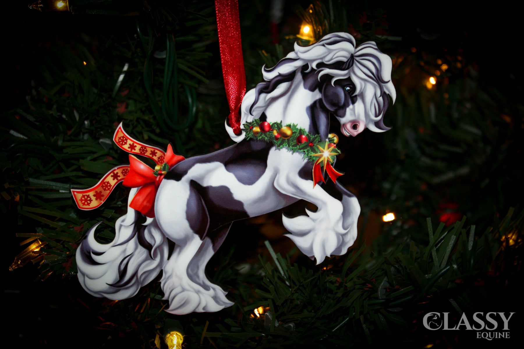 Gypsy Vanner Horse Christmas Ornaments - Full Set of Tobiano Gypsy Horses with Star