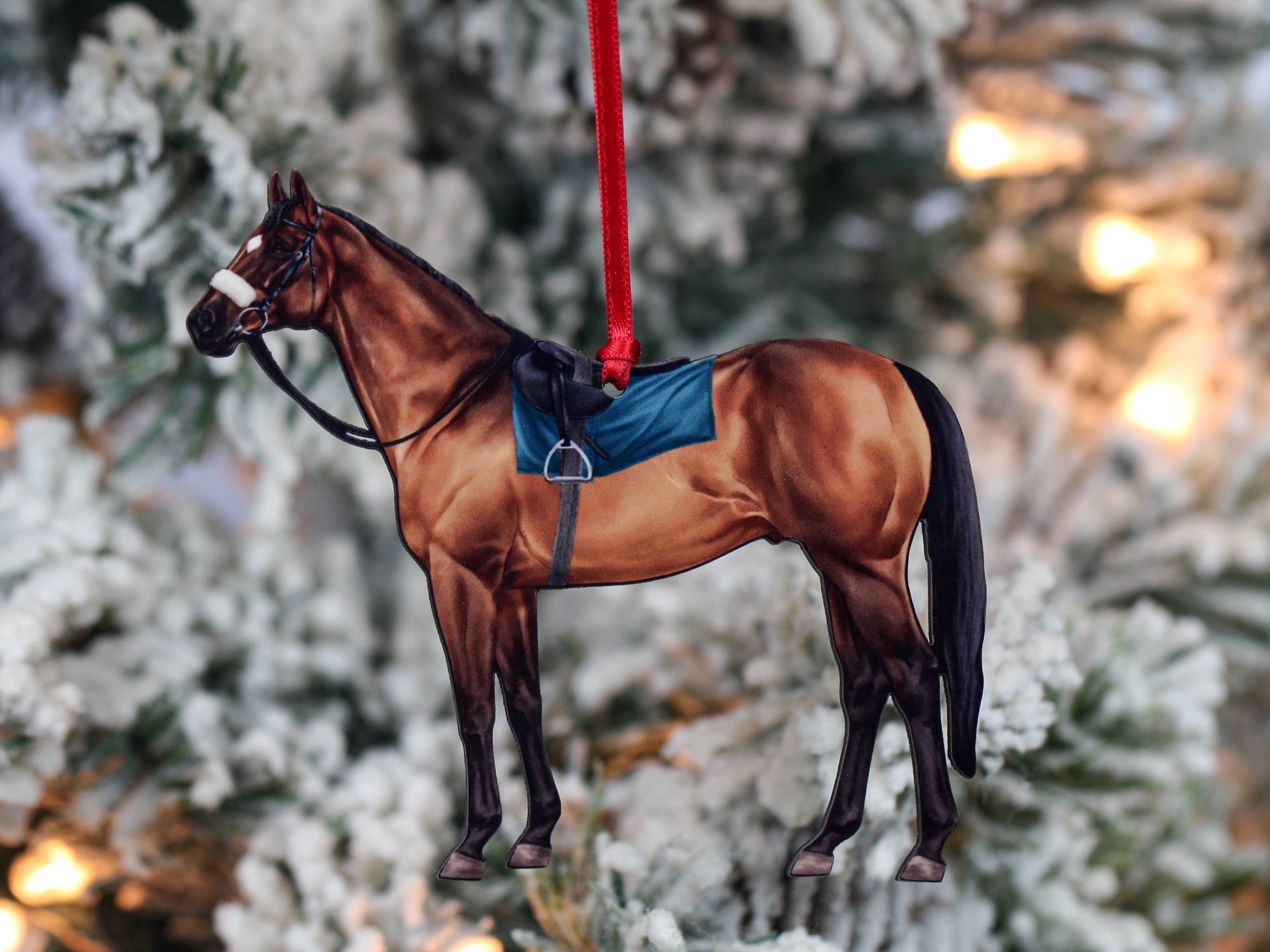 bay Thoroughbred race horse Christmas ornament, laser-cut printed wood by Classy Equine