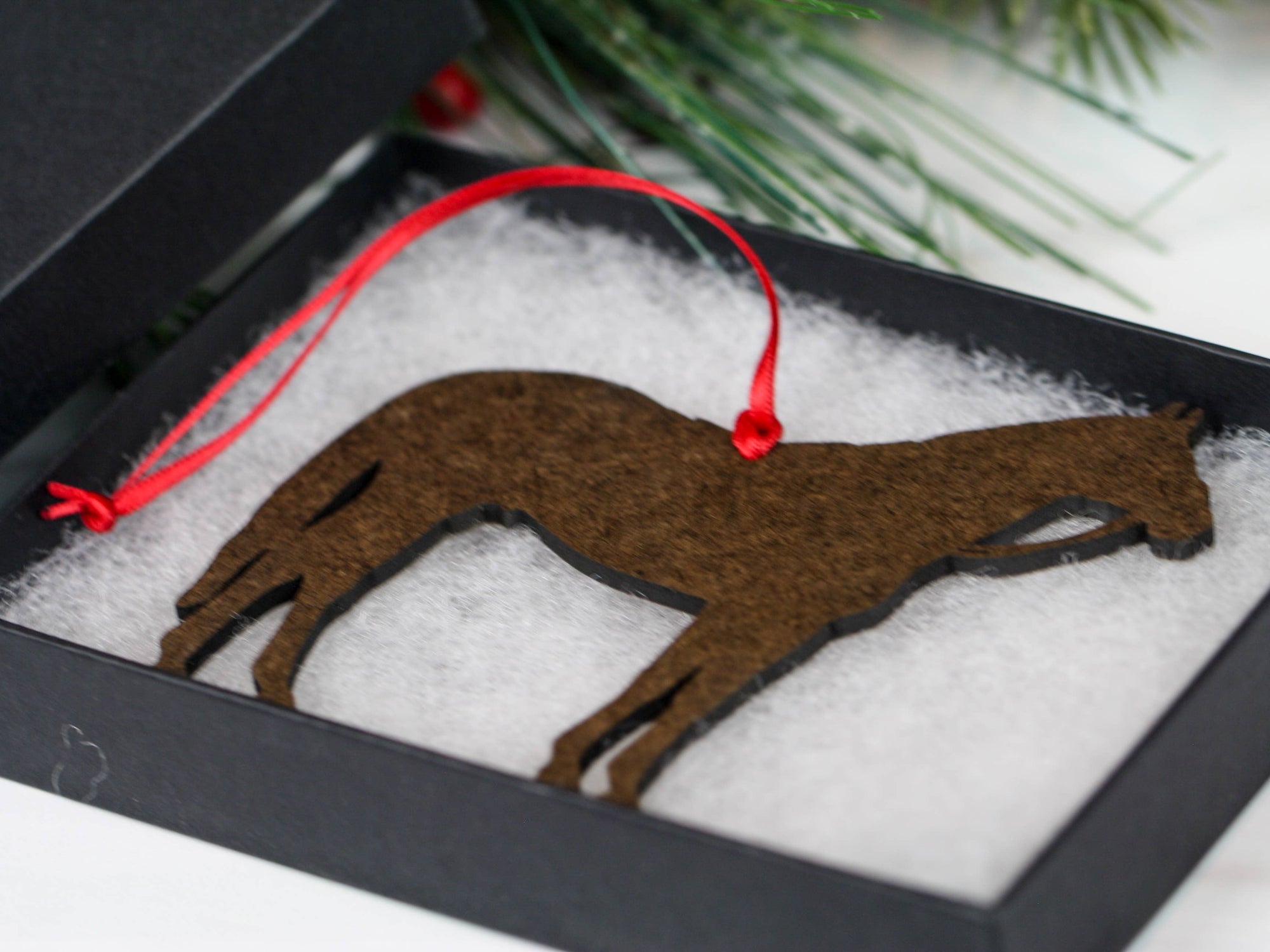 bay Thoroughbred race horse Christmas ornament, laser-cut printed wood by Classy Equine