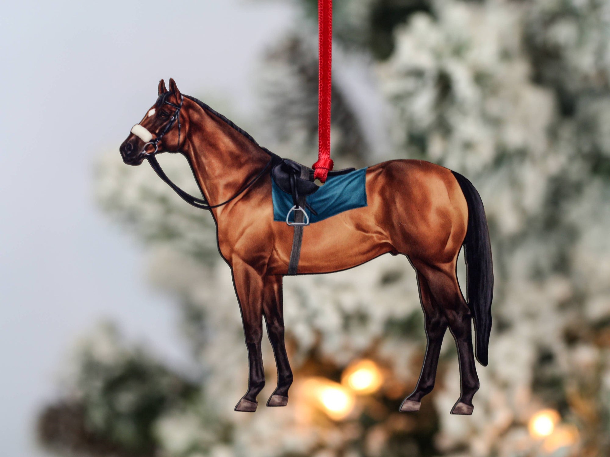 bay Thoroughbred race horse Christmas ornament, laser-cut printed wood by Classy Equine