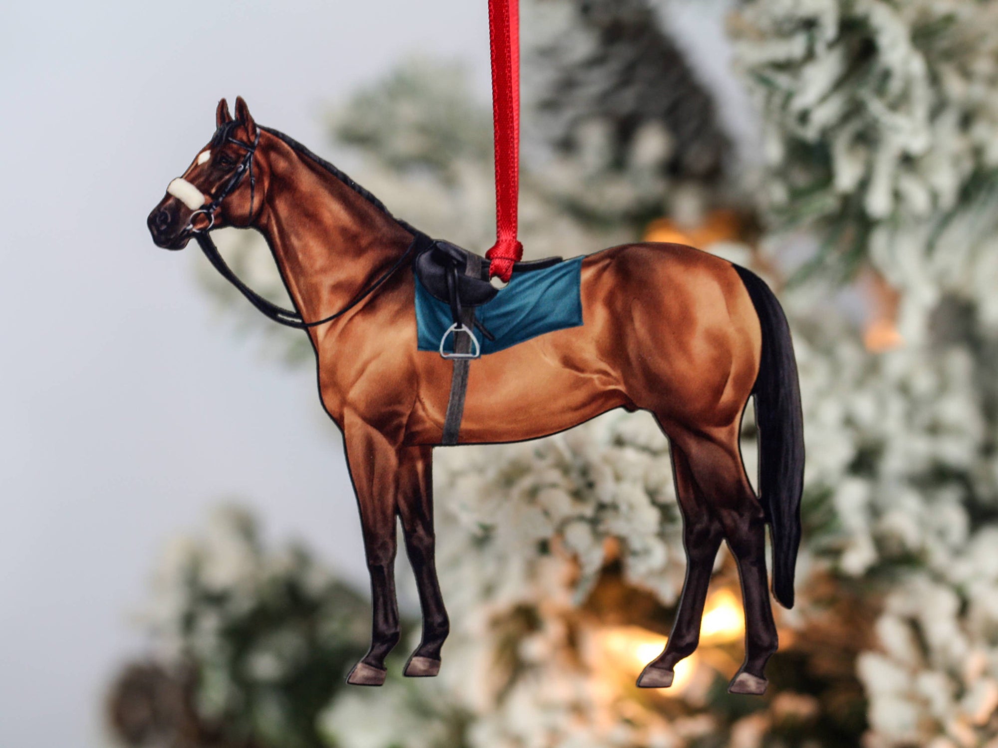bay Thoroughbred race horse Christmas ornament, laser-cut printed wood by Classy Equine