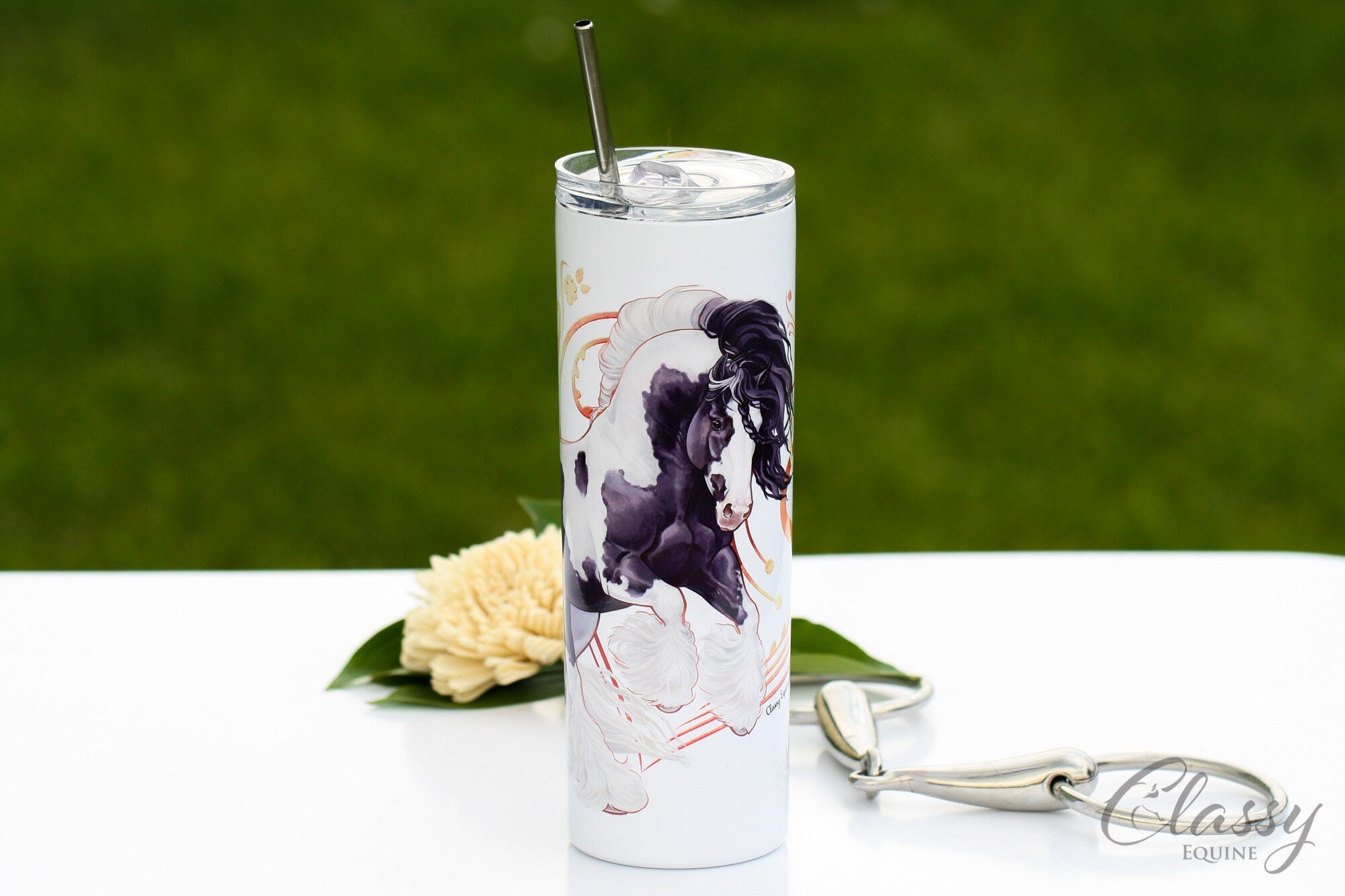 Gypsy Horse Tumbler with Straw, Gypsy Vanner Horse Coffee Mug, Gypsy Horse Gifts for Her, Equestrian Gifts, 20 oz Skinny Tumbler, Tobiano