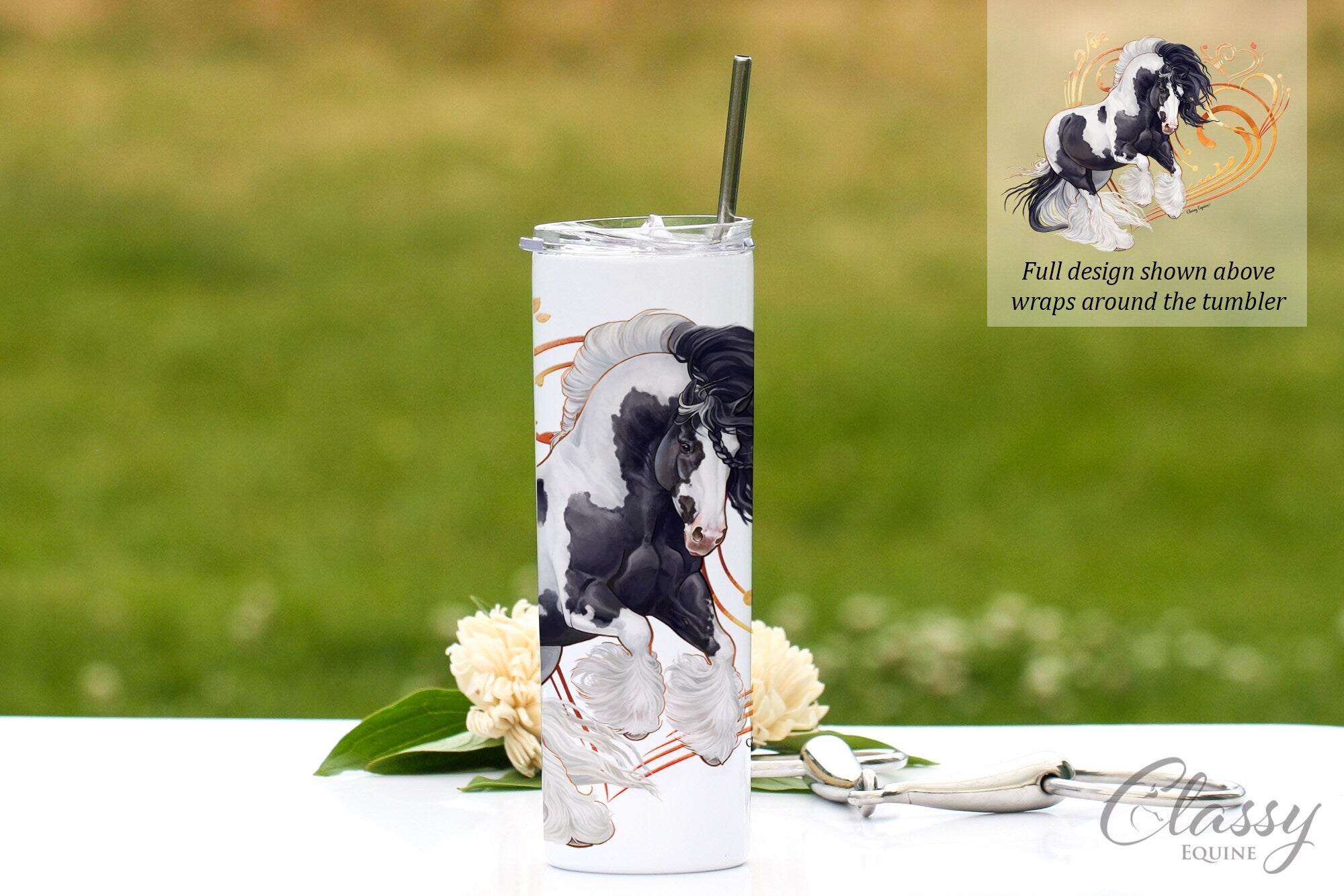Gypsy Horse Tumbler with Straw, Gypsy Vanner Horse Coffee Mug, Gypsy Horse Gifts for Her, Equestrian Gifts, 20 oz Skinny Tumbler, Tobiano