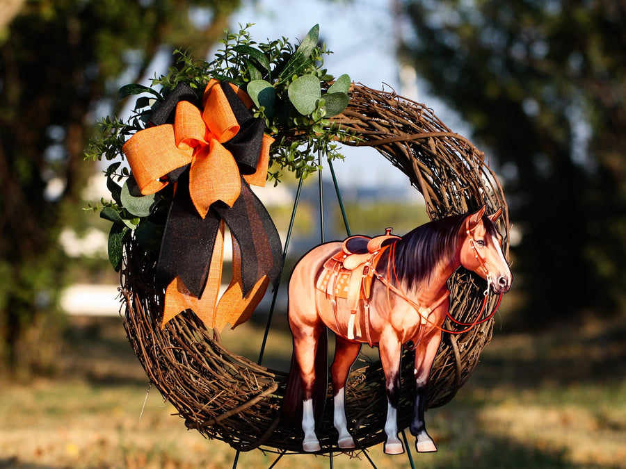 Western Horse Wreath, Fall Ranch Horse Decor, Equestrian Decor, Horse Front Door Decor, Quarter Horse Door Hanger, Horse Gifts, Bay Horse